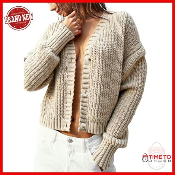 Chunky Knit Cardigan Oversized V-Neck Waffle Texture Sweater - Picture 6 of 7